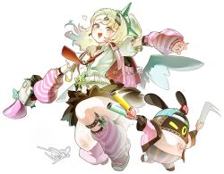  1girl arm_warmers bag bangboo_(zenless_zone_zero) biggest_fan_(zenless_zone_zero) black_skirt blush commentary earrings fur-trimmed_skirt fur_trim glowstick green_eyes green_hair hair_ornament heart heart-shaped_mouth heart_hair_ornament highres holding holding_glowstick holding_megaphone jewelry leg_warmers megaphone multiple_hair_clips musical_note_earrings mw_01m necktie pink_arm_warmers pink_bag pink_leg_warmers pink_shoes red_necktie shirt shoes simple_background skirt striped_arm_warmers striped_leg_warmers sunna_(zenless_zone_zero) white_background white_shirt white_wings winged_bag wings zenless_zone_zero 