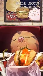 :q ^_^ blush burger clefairy closed_eyes commentary cup disposable_cup drinking_straw english_text food food_focus food_on_face food_on_hand french_fries highres mixed-language_commentary no_humans oguraan pig_snout pokemon pokemon_(creature) pokemon_focus sign soda solo swinub tongue tongue_out 