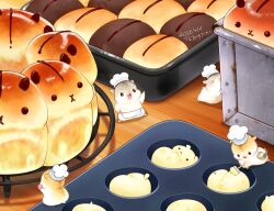  animal animal_focus apron baking_sheet bowl bread butter chef_hat commentary_request dated food hamster hat holding holding_bowl holding_brush karikankan no_humans original waist_apron white_apron 