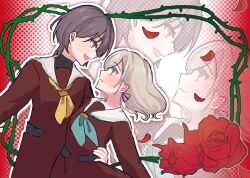  2girls aqua_neckerchief arm_around_another's_back black_hair black_shirt blue_eyes blush bourei_(lvle_aqhs) brown_dress ceras_yanagida_lilienfeld closed_mouth dress edel_note eye_contact flower grey_hair hand_on_another's_hip hasu_no_sora_school_uniform katsuragi_izumi link!_like!_love_live! long_hair long_sleeves looking_at_another love_live! multiple_girls neckerchief open_mouth orange_eyes red_flower red_rose rose sailor_collar sailor_dress school_uniform shirt smile thorns turtleneck turtleneck_shirt undershirt virtual_youtuber white_sailor_collar winter_uniform yellow_neckerchief yuri zoom_layer 