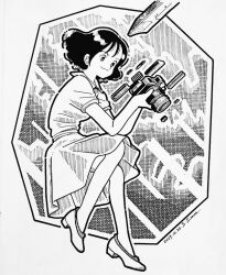  1girl artist_name camera closed_mouth commentary crosshatching dated dress floating floating_object full_body greyscale hands_up hatching_(texture) high_heels holding holding_camera linear_hatching monochrome original short_sleeves single-lens_reflex_camera smile solo traditional_media zpihr6jprso2r2l 