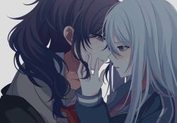  2girls asahina_mafuyu blue_eyes blue_jacket blush commentary english_commentary grey_hair grey_shirt hand_on_another's_face highres jacket long_hair miyotastic multiple_girls parted_lips project_sekai purple_hair sailor_collar school_uniform serafuku shirt sweat track_jacket violet_eyes white_sailor_collar yoisaki_kanade yuri 