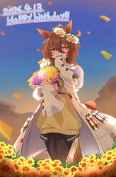  1girl :d agnes_tachyon_(umamusume) ahoge animal_ears birthday black_pantyhose black_shirt bouquet brown_hair commentary_request earrings field flower flower_field guinea_pig hair_between_eyes hand_up happy_birthday head_wreath highres holding holding_bouquet horse_ears horse_girl jewelry kii-kun_(agnes_tachyon)_(umamusume) lab_coat looking_at_viewer medium_hair messy_hair pantyhose red_eyes shirt single_earring sleeves_past_fingers sleeves_past_wrists smile solo sweater_vest test_tube umamusume wide_sleeves yellow_flower yellow_sweater_vest youtuki_01 zipper zipper_pull_tab 