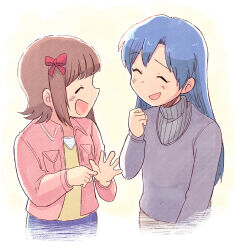  2girls amami_haruka blue_hair bow brown_hair closed_eyes commentary_request cropped_torso facing_another grey_sweater hair_bow idolmaster idolmaster_(classic) jacket kisaragi_chihaya long_hair long_sleeves multiple_girls open_mouth pink_jacket red_bow short_hair smile sweater tsubobot 