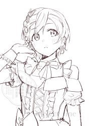  1girl absurdres bare_shoulders butterfly_hair_ornament closed_mouth commentary_request cross-laced_clothes cross-laced_dress dress frown greyscale hair_ornament hand_on_own_ear highres hoshizora_rin inazuma_(elect_line) long_hair love_live! love_live!_school_idol_project monochrome neck_ribbon off-shoulder_dress off_shoulder ribbon simple_background solo twitter_username u's_&amp;_aqours_special_collaboration upper_body watermark white_background 