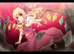  blonde_hair broken_ground flandre_scarlet highres letterboxed looking_at_viewer no_hat no_headwear outstretched_arm outstretched_hand red_eyes rim_(kingyoorigin) rimu_(rim573) side_ponytail solo stone the_embodiment_of_scarlet_devil touhou wings 