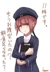  1girl artist_name blue_dress blue_hat blush book character_name commentary_request dress hat highres holding holding_book kantai_collection kuuru_(kuuru-n) long_sleeves looking_at_viewer parted_lips red_eyes red_hair sailor_dress short_hair sidelocks simple_background solo translation_request upper_body white_background z3_max_schultz_(kancolle) 