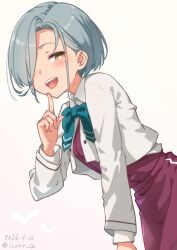  1girl aqua_bow aqua_bowtie blazer bow bowtie commentary_request dated dress grey_hair hair_over_one_eye highres index_finger_raised izumi_kuma jacket kantai_collection leaning_forward looking_at_viewer no_mole one-hour_drawing_challenge open_mouth purple_dress short_hair simple_background smile solo tamanami_(kancolle) tamanami_kai_ni_(kancolle) teeth twitter_username upper_teeth_only white_background white_jacket yellow_eyes 