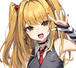  1girl amane_misa black_choker black_nails blonde_hair check_copyright choker commentary copyright_request cross cross_earrings death_note earrings fang jewelry long_hair looking_at_viewer mika_030 necktie open_mouth red_necktie simple_background skin_fang smile solo striped_sleeves twintails two_side_up upper_body white_background 