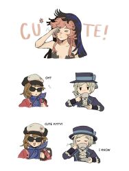  >_< 3girls ascot backpack bag bare_shoulders black_coat black_dress black_hands black_hat black_veil blue_bow blue_dress blue_neckerchief blue_veil boater_hat bow brown_hair coat colored_extremities commentary cup dress drinking english_commentary english_text grey_eyes grey_hair hair_bun hat hat_bow highres holding holding_cup holding_saucer holding_strap jacket long_hair mogufuuri multiple_girls nautika_(reverse:1999) neckerchief newsboy_cap open_mouth pink_hair polka_dot_neckerchief red_jacket regulus_(reverse:1999) reverse:1999 rubbing_eyes saucer shirt short_hair single_side_bun smile strapless strapless_dress sunglasses teacup two-tone_veil veil vertin_(reverse:1999) white_ascot white_background white_shirt 