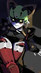  1girl black_sclera colored_sclera commentary earrings glowing glowing_eyes gold_earrings green_eyes green_pupils hand_on_own_chin highres humanoid_robot jewelry joints kidorihalo looking_at_viewer mechanical_ears metal_hair metal_skin robot robot_girl robot_joints sitting vesper_(zenless_zone_zero) zenless_zone_zero 