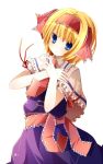  alice_margatroid alternate_hairstyle bad_id blonde_hair blue_dress blue_eyes bust capelet dress hair_ribbon hands_on_chest hands_on_own_chest hands_to_chest rairateru ribbon sash solo touhou 