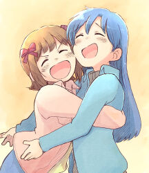  2girls :d amami_haruka blue_hair blue_shirt bow brown_hair collared_shirt commentary_request from_side hair_bow highres hug idolmaster idolmaster_(classic) jacket kisaragi_chihaya long_hair multiple_girls open_mouth pink_jacket raised_inner_eyebrows red_bow shirt short_hair smile tsubobot upper_body v-shaped_eyebrows 