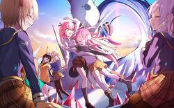  6+girls :d :o ;) ^_^ absurdres after_battle aikawa_megumi animal_on_head asakura_karen_(heaven_burns_red) backlighting black_hair black_pantyhose blonde_hair blue_jacket blue_sky bow braid breasts brown_skirt cat cat_on_head closed_eyes clouds cloudy_sky commentary crying double_bun floating_hair full_body glasses glomp gradient_sky green_eyes grey_hair grin hair_bun hair_ornament hair_over_one_eye hairclip half_up_braid happy happy_tears hat heaven_burns_red highres hood hood_up hooded_jacket hug izumi_yuki jacket kayamori_ruka kunimi_tama long_hair long_sleeves looking_at_another military_hat miniskirt missing_headwear multiple_girls on_head one_eye_closed open_mouth orange_jacket orange_sky outdoors pantyhose pink_hair plaid_clothes plaid_skirt pleated_skirt red_bow ribbon round_eyewear shirt short_hair skirt sky smile snow spoilers streaming_tears striped_clothes striped_pantyhose sunset tail team_31a_(heaven_burns_red) tears thigh-highs toujou_tsukasa tsukune2398 twintails two_side_up vertical-striped_clothes vertical-striped_pantyhose very_long_hair white_ribbon white_shirt white_thighhighs yellow_eyes yuri zettai_ryouiki 