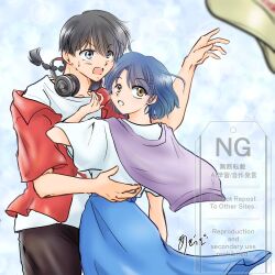  1boy 1girl arm_up black_hair blue_background blue_hair blue_skirt braid commentary_request gakogako4452 grey_eyes headphones headphones_around_neck highres open_mouth ranma_1/2 saotome_ranma shirt short_hair single_braid skirt tendou_akane v-shaped_eyebrows watermark white_shirt yellow_eyes 
