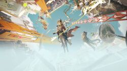  1boy 1other 2girls absurdres arknights artist_request belt black_belt black_horns blue_sky boots brown_jacket brown_pants building cairn_(arknights) fisheye floating floating_clothes floating_hair full_body furry grey_hair hat highres horns jacket lizard_tail long_braid looking_to_the_side low_ponytail multiple_girls nasti_(arknights) official_art pants ponytail profile reptile_boy shirt sky skybox_(arknights) sleeves_pushed_up tail third-party_source white_shirt 