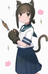  1girl absurdres animal_ears animal_hands black_hair brown_eyes cat_ears cat_paws cat_tail commentary eating fish fish_(food) fubuki_(kancolle) highres kantai_collection looking_at_viewer low_ponytail ma_rukan pleated_skirt ponytail school_uniform serafuku short_ponytail signature skirt smile solo tail tears untranslatable_commentary white_background 