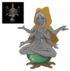 1girl absurdres braid braided_ponytail colored_skin extra_arms full_body green_eyes grey_hair grey_skin highres hood humanization knowledge_demon_(slay_the_spire) loswiner lotus_position monster_girl own_hands_together palms_together reference_inset slay_the_spire slay_the_spire_2 solo yellow_hood