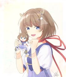  1girl absurdres antlers blue_dress blue_eyes brown_hair chibi_doll choker doll dress hair_ornament highres holding holding_doll horns indie_utaite kano_(utaite) kano_plush open_mouth puffy_short_sleeves puffy_sleeves red_choker red_ribbon ribbon sailor_collar shirt short_hair short_sleeves simple_background smile soft_background solo star_(symbol) star_buttons star_hair_ornament stuffed_toy upper_body white_shirt 