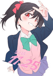  1girl :d \m/ absurdres arm_up black_hair blazer blue_jacket blue_skirt bow bowtie cardigan commentary_request date_pun dated green_bow green_bowtie grin hair_bow highres inazuma_(elect_line) jacket long_sleeves looking_at_viewer love_live! love_live!_school_idol_project medium_hair miniskirt number_pun open_clothes open_jacket otonokizaka_school_uniform pink_cardigan pleated_skirt red_bow red_eyes school_uniform simple_background skirt smile solo twintails white_background winter_uniform yazawa_nico 