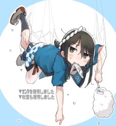  1girl animal black_hair black_socks blush commentary_request fish fubuki_(festival)_(kancolle) fubuki_(kancolle) green_eyes hachimaki hair_between_eyes happi headband highres holding japanese_clothes kantai_collection kneehighs ma_rukan mouth_hold nejiri_hachimaki ponytail rudder_footwear saury short_hair short_ponytail signature socks solo wet 