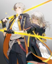  1boy 1girl 625light absurdres black_gloves black_jacket black_pants caelus_(honkai:_star_rail) commentary cowboy_shot dual_persona energy_sword fingerless_gloves gloves glowing glowing_weapon gradient_background grey_background grey_hair hair_between_eyes highres holding holding_sword holding_weapon honkai:_star_rail honkai_(series) jacket long_hair looking_at_viewer over_shoulder pants reverse_grip shirt short_hair simple_background smile stelle_(honkai:_star_rail) sword thigh_strap trailblazer_(honkai:_star_rail) untranslatable_commentary weapon weapon_over_shoulder white_shirt yellow_eyes 