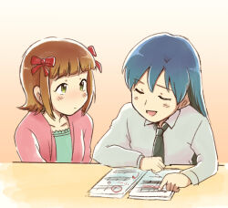  2girls amami_haruka black_necktie blue_hair bow brown_hair closed_eyes collared_shirt green_eyes hair_bow idolmaster idolmaster_(classic) jacket kisaragi_chihaya long_hair long_sleeves looking_at_another multiple_girls multiple_hair_bows necktie pink_jacket red_bow sheet_music shirt short_hair tsubobot white_shirt 