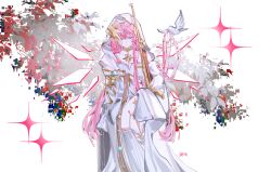  1girl absurdres ambience_synesthesia arknights bird closed_mouth crossed_legs detached_wings disembodied_hand dove dress feet_out_of_frame gold_collar gun highres lemuen_(arknights) lemuen_(requiem_vesperis)_(arknights) long_hair nanana08251 official_alternate_costume one_eye_covered pink_eyes pink_hair rifle sitting solo sparkle veil weapon white_dress white_veil wings 