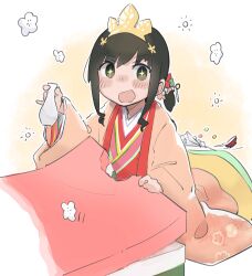  1girl absurdres black_hair blush commentary_request drooling drunk food fubuki_(kancolle) green_eyes hair_between_eyes highres hirabitai hishimochi holding japanese_clothes kantai_collection kimono long_sleeves ma_rukan mouth_drool open_mouth pink_kimono ponytail saishi short_hair short_ponytail signature solo squeans tokkuri wide_sleeves 