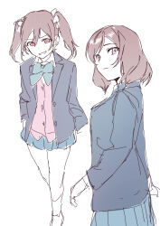  2girls absurdres blazer blue_jacket blue_skirt bow bowtie brown_hair cardigan closed_mouth collared_shirt commentary_request cowboy_shot double-parted_bangs frown full_body green_bow green_bowtie grin hair_between_eyes hair_bow highres inazuma_(elect_line) jacket love_live! love_live!_school_idol_project medium_hair miniskirt multiple_girls nishikino_maki open_clothes open_jacket otonokizaka_school_uniform pink_cardigan pleated_skirt red_eyes school_uniform shirt simple_background skirt smile twintails violet_eyes walking white_background white_shirt yazawa_nico 