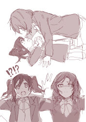  !? 2girls absurdres blazer bow bowtie collared_shirt commentary_request frown girl_on_top greyscale highres inazuma_(elect_line) jacket looking_at_another love_live! love_live!_school_idol_project lying medium_hair monochrome multiple_girls multiple_views nishikino_maki on_back open_clothes open_jacket open_mouth otonokizaka_school_uniform pleated_skirt school_uniform shirt skirt sweatdrop twintails winter_uniform yazawa_nico yukadon yuri 