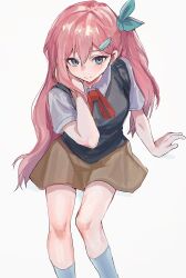  1girl adjusting_hair alternate_costume aqua_bow aqua_eyes arm_support aubrey_(faraway)_(omori) aubrey_(omori) black_vest bow breasts brown_skirt closed_mouth commentary_request feet_out_of_frame from_above grey_shirt hair_between_eyes highres kneehighs long_hair looking_at_viewer omori pink_hair school_uniform shirt short_sleeves simple_background sitting skirt small_breasts socks solo tokkooyaku vest white_background 