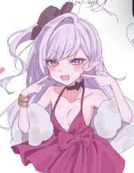  0219_142 1girl armpit_crease black_bow blue_archive blush bow bracelet choker commentary_request dress hair_ornament highres jewelry long_hair mutsuki_(blue_archive) mutsuki_(dress)_(blue_archive) official_alternate_costume open_mouth pointing pointing_at_self pointy_ears red_bow red_dress solo violet_eyes 