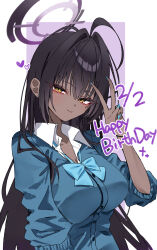  1girl ahoge aqua_bow aqua_bowtie black_hair blue_archive blue_cardigan blush bow bowtie breasts cardigan collared_shirt commentary_request dark-skinned_female dark_skin dated hair_intakes halo hand_up happy_birthday heart highres karin_(blue_archive) karin_(school_uniform)_(blue_archive) large_breasts long_hair looking_at_viewer loose_bowtie mo2upoyo partially_unbuttoned purple_halo school_uniform shirt simple_background smile solo upper_body v white_shirt yellow_eyes 