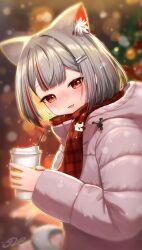  1girl absurdres animal_ear_fluff animal_ears blurry blurry_background blush bokeh cat_ears cat_girl cat_tail center-flap_bangs christmas commentary_request cup depth_of_field disposable_coffee_cup disposable_cup dot_nose down_jacket drinking_straw earrings enpera fang from_side grey_jacket grey_tail hair_ornament hairclip highres holding holding_cup j2l jacket jewelry korean_commentary long_sleeves maro_(neneko_mashiro) multicolored_hair neneko_mashiro open_mouth parallel_hairclips plaid_clothes plaid_scarf red_eyes red_scarf red_streaks scarf signature smile snowing solo stellive streaked_hair tail upper_body virtual_youtuber 