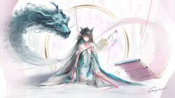  1girl absurdres antenna_hair arknights arm_tattoo artist_name black_hair colored_extremities dragon_girl dragon_horns dress dusk_(arknights) free_(arknights) green_streaks highres horns huge_weapon looking_at_viewer multicolored_hair red_eyes scroll seiza shi3 signature sitting solo straight-on streaked_hair sword sword_on_back tattoo weapon weapon_on_back white_dress 
