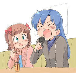  2girls :o amami_haruka black_shirt blue_hair bow brown_hair closed_eyes green_eyes hair_bow holding holding_microphone idolmaster idolmaster_(classic) jacket karaoke kisaragi_chihaya long_hair long_sleeves looking_at_another microphone multiple_girls multiple_hair_bows music open_mouth pink_jacket red_bow shirt short_hair singing sitting tsubobot v-shaped_eyebrows 