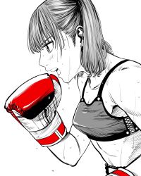  1girl boxing boxing_gloves boxing_shorts breasts commentary_request crosshatching dripping_sweat eyebrows_hidden_by_hair flying_sweatdrops from_side greyscale hatching_(texture) high_ponytail highres lee_(dragon_garou) medium_breasts midriff monochrome open_mouth original ponytail shorts solo sports_bra spot_color sweat very_sweaty 