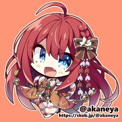  1girl :d akaneya black_sandals blue_eyes blush_stickers bow bowtie braid brown_bow brown_bowtie brown_kimono character_request chibi chibi_only commentary_request commission copyright_request double-parted_bangs fang full_body hair_between_eyes hair_bow japanese_clothes kimono long_hair long_sleeves looking_at_viewer lowres miniskirt okobo open_mouth orange_background outline platform_sandals pleated_skirt red_hair sandals simple_background skeb_commission skin_fang skirt smile solo striped_bow striped_bowtie striped_clothes thigh-highs very_long_hair white_outline white_skirt white_thighhighs wide_sleeves zettai_ryouiki 