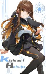  1girl black_hat black_sailor_collar brown_eyes brown_hair character_name colored_inner_hair fate/extra fate/extra_ccc fate/grand_order fate_(series) hat highres jacket kishinami_hakuno_(female) kishinami_hakuno_(female)_(mooncancer) long_hair long_sleeves military_hat multicolored_hair neckerchief nggxosfbd3g7jqd orange_hair orange_neckerchief orange_trim pantyhose peaked_cap sailor_collar shirt skirt unworn_headwear white_shirt 