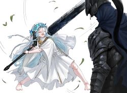  1girl 1other :d ^_^ absurdres armor barefoot blue_flower blue_hair closed_eyes commentary_request dokomon doll_joints elden_ring elden_ring_nightreign fang flower full_armor highres holding holding_sword holding_weapon huge_weapon joints korean_commentary long_hair revenant_(elden_ring) robe short_sleeves simple_background smile standing sword textless_version tri_braids v-shaped_eyebrows veil very_long_hair weapon white_background white_robe wide_sleeves 