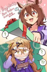  2026 2girls ? agnes_tachyon_(umamusume) ahoge animal_ears bound brown_hair commentary_request english_text hair_between_eyes hair_ornament hairclip happy_birthday highres horse_ears horse_girl jungle_pocket_(umamusume) korean_commentary long_sleeves mazu1kan medium_hair multiple_girls red_eyes restrained school_uniform short_hair smile spoken_question_mark tied_up_(nonsexual) tracen_school_uniform umamusume yellow_eyes 