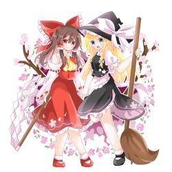  2girls apron ascot back_bow black_hat black_shoes black_skirt black_vest blonde_hair bow braid broom brown_hair commentary detached_sleeves flower frilled_bow frilled_hair_tubes frilled_skirt frills full_body gohei hair_bow hair_tubes hakurei_reimu hat hat_bow highres holding holding_broom holding_gohei holding_hands interlocked_fingers kirisame_marisa long_hair looking_at_viewer multiple_girls open_mouth pink_flower puffy_short_sleeves puffy_sleeves red_bow red_eyes red_shoes red_skirt ribbon-trimmed_sleeves ribbon_trim shoes short_sleeves side_braid single_braid skirt skirt_set smile socks touhou very_long_hair vest waist_apron wakana1327 white_apron white_bow white_socks witch_hat yellow_ascot 