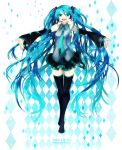  aqua_eyes aqua_hair argyle argyle_background black_legwear buzz detached_sleeves hatsune_miku long_hair necktie open_mouth outstretched_arms skirt smile solo spread_arms thigh-highs thighhighs twintails very_long_hair vocaloid zettai_ryouiki 