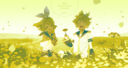  1boy 1girl absurdres anniversary belt black_sailor_collar black_shorts black_sleeves blonde_hair bon_bon_eee brother_and_sister closed_eyes detached_sleeves falling_leaves flower flower_request grass half-closed_eyes happy happy_anniversary headset highres holding holding_flower kagamine_len kagamine_rin leaf medium_hair necktie on_ground open_mouth outdoors sailor_collar shirt short_hair shorts siblings sitting smile twins vocaloid white_shirt yellow_belt yellow_flower yellow_necktie yellow_theme 