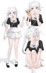  bag black_ribbon black_shirt black_shoes cellphone commentary_request earrings eating eisen_(sousou_no_frieren) elf floating_earrings frieren full_body green_eyes grey_nails heiter highres himmel_(sousou_no_frieren) holding ice_cream_crepe jewelry long_hair looking_at_viewer mary_janes miniskirt nail_polish open_mouth petite phone pointy_ears ribbon shibasoda shirt shoes shoulder_bag simple_background skirt socks sousou_no_frieren standing white_background white_skirt white_socks 