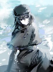  1girl absurdres black_capelet black_dress black_eyes black_hair capelet chinese_commentary commentary_request drawstring dress feet_out_of_frame from_above full_body fur-trimmed_capelet fur_trim hair_between_eyes hat highres kuonji_alice lamia_oh long_sleeves looking_at_viewer mahou_tsukai_no_yoru pom_pom_(clothes) pom_pom_drawstring short_hair sitting snow snowing solo ushanka 