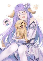  1boy 1girl absurdres animal bare_shoulders closed_eyes dog dress elbow_gloves feet_out_of_frame gloves hair_between_eyes hair_ornament head_tilt highres holding holding_animal holding_dog kemonomimi_mode light_blush long_hair motion_lines open_mouth pantyhose paw_print princess_connect! purple_hair qianlilingjiang shizuru_(princess_connect!) sitting sleeveless sleeveless_dress smile speech_bubble spoken_character thought_bubble white_background white_dress white_gloves white_pantyhose yuuki_(princess_connect!) 