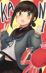  1girl 1other absurdres animal black_sailor_collar black_skirt brown_hair commentary_request crab double_bun fubuki_(kancolle) fubuki_kai_ni_(kancolle) green_eyes hair_bun highres kantai_collection long_sleeves ma_rukan midriff_peek open_mouth pleated_skirt ponytail round_teeth sailor_collar school_uniform serafuku short_hair short_ponytail skirt solo_focus teeth 