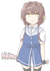  1girl akara_kai baseball_bat black_gloves black_hair black_thighhighs blue_dress braid commentary_request cowboy_shot diagonal-striped_clothes diagonal-striped_necktie dress gloves grey_sailor_collar highres kantai_collection nail_(hardware) nail_bat necktie sailor_collar shirt short_hair short_hair_with_long_locks side_braids simple_background solo striped_clothes striped_necktie thigh-highs ukuru_(kancolle) white_background white_shirt yellow_eyes 